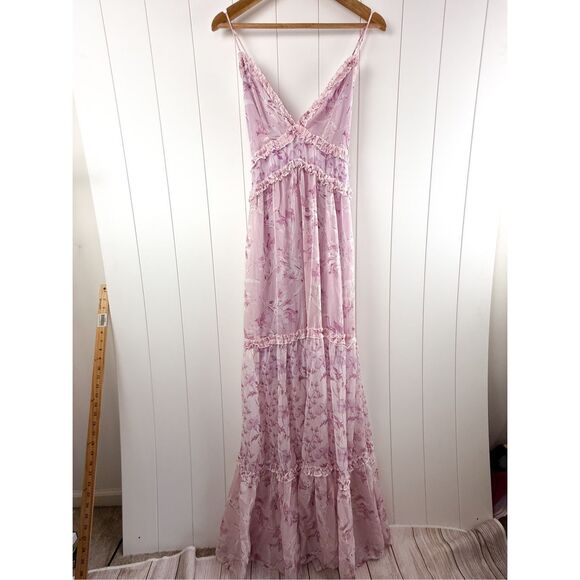 En Elly Ruffled Printed Maxi Dress in Pink Floral Plunge Strappy Cottagecore L - Picture 4 of 16